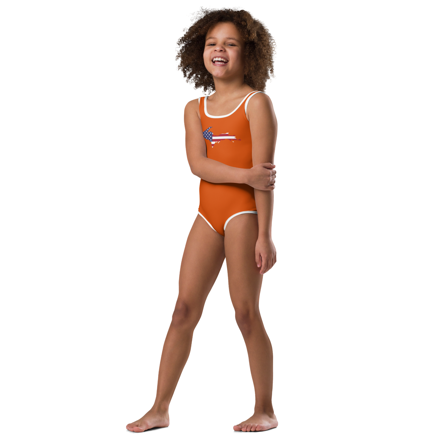 Michigan Upper Peninsula Toddler Swimsuit (w/ UP USA Flag) | Maple Leaf Orange