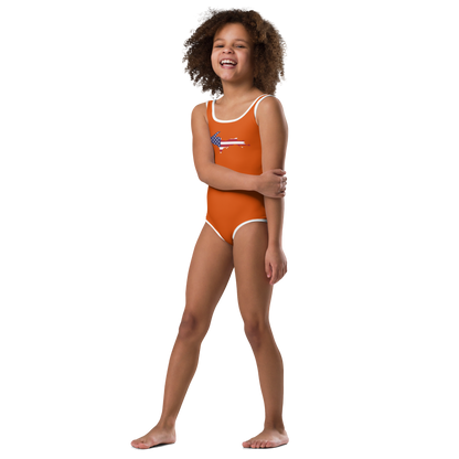 Michigan Upper Peninsula Toddler Swimsuit (w/ UP USA Flag) | Maple Leaf Orange