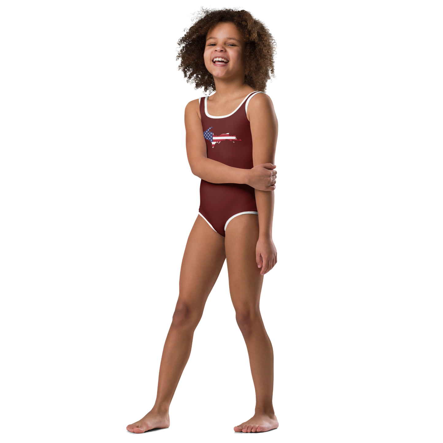 Michigan Upper Peninsula Toddler Swimsuit (w/ UP USA Flag) | Cherrywood Color