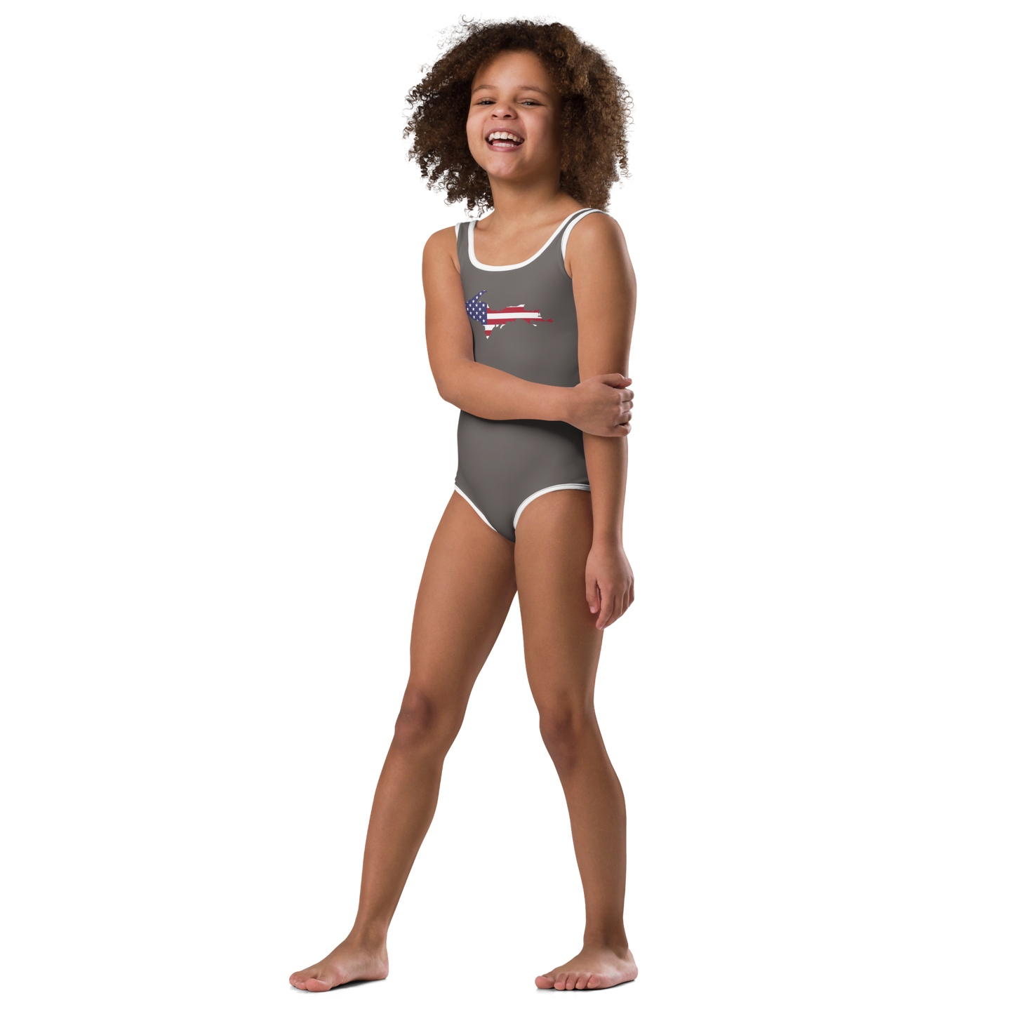 Michigan Upper Peninsula Toddler Swimsuit (w/ UP USA Flag) | Warren Tank Grey