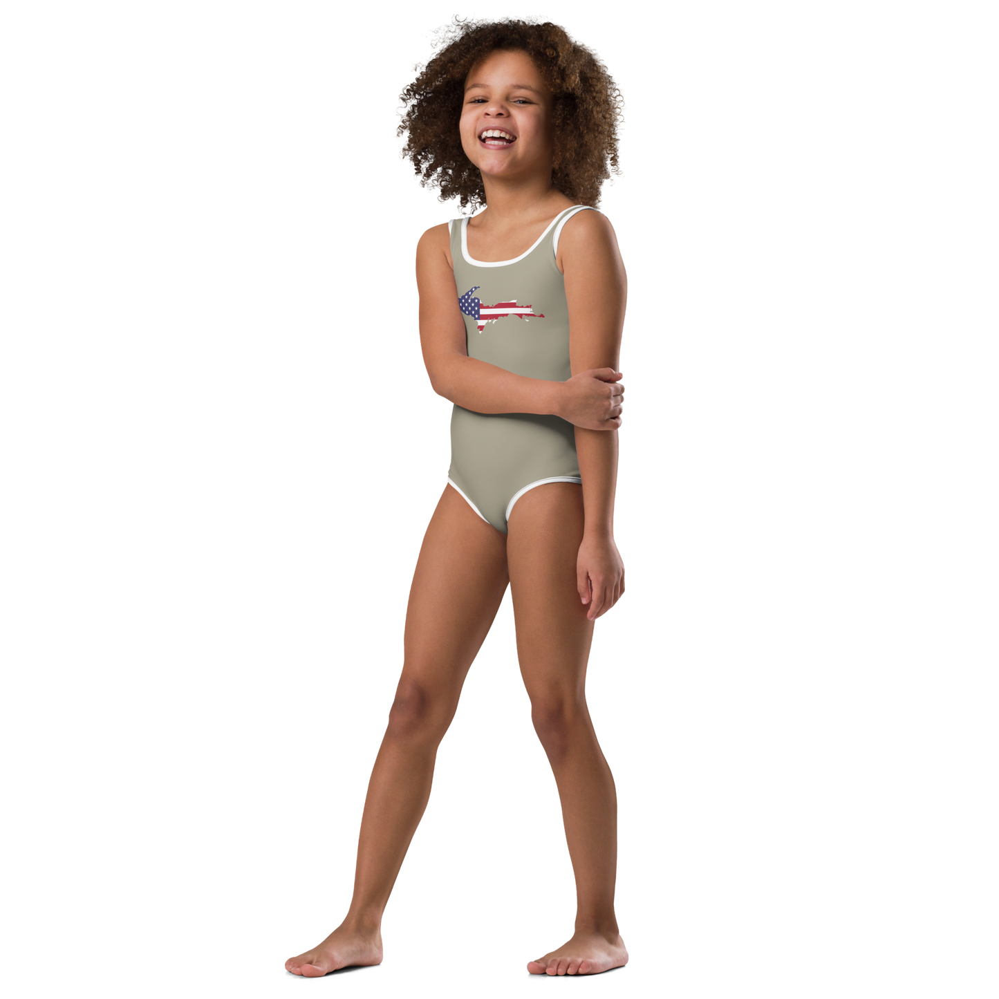 Michigan Upper Peninsula Toddler Swimsuit (w/ UP USA Flag) | Petoskey Stone Beige