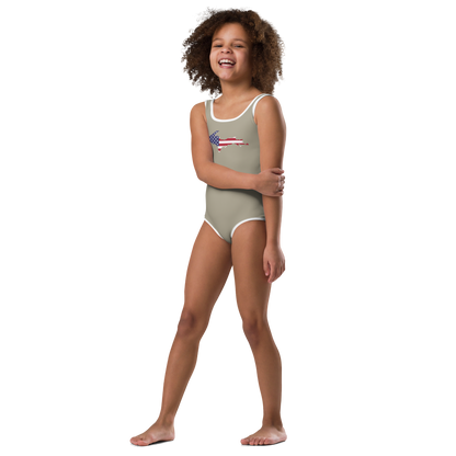 Michigan Upper Peninsula Toddler Swimsuit (w/ UP USA Flag) | Petoskey Stone Beige