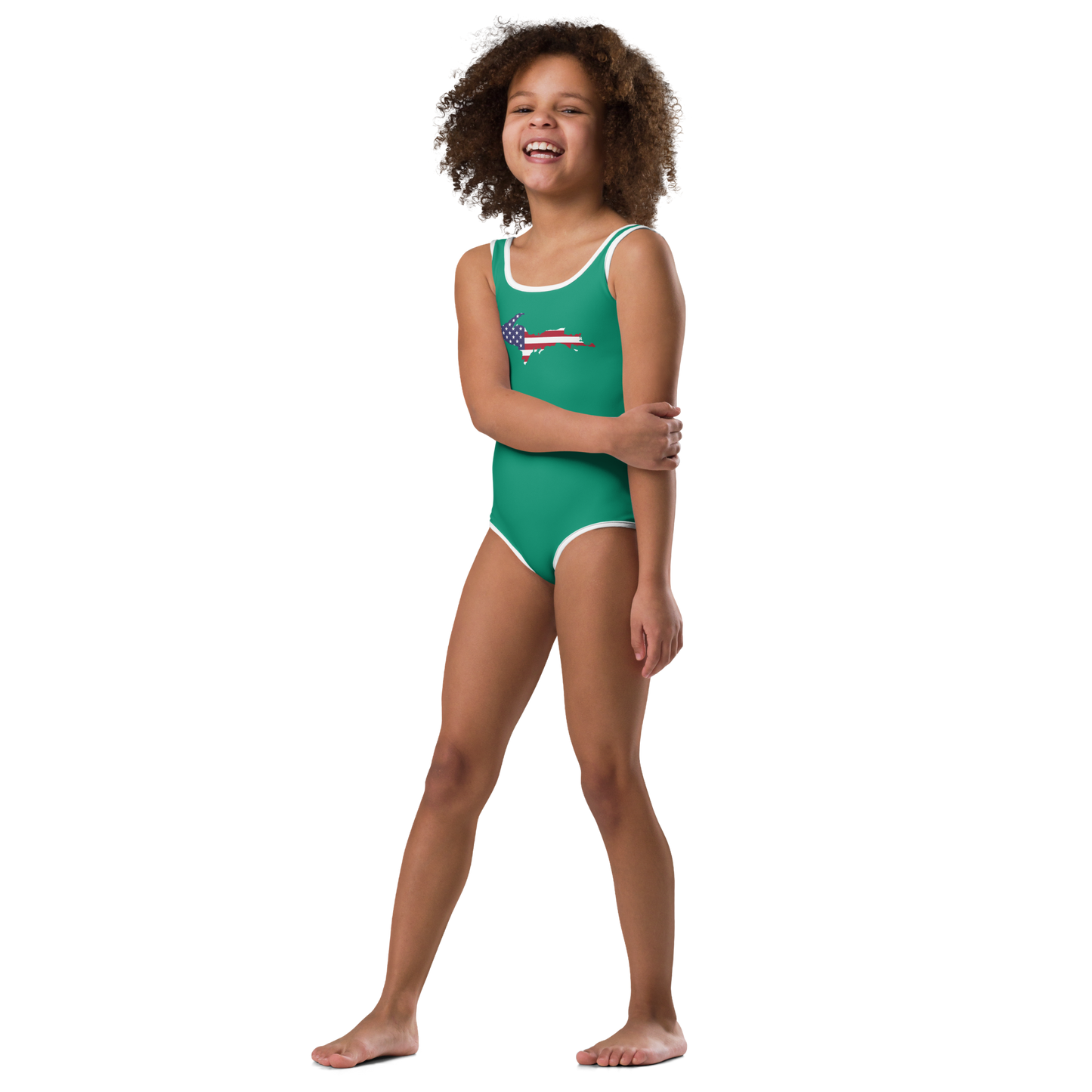 Michigan Upper Peninsula Toddler Swimsuit (w/ UP USA Flag) | Emerald Green