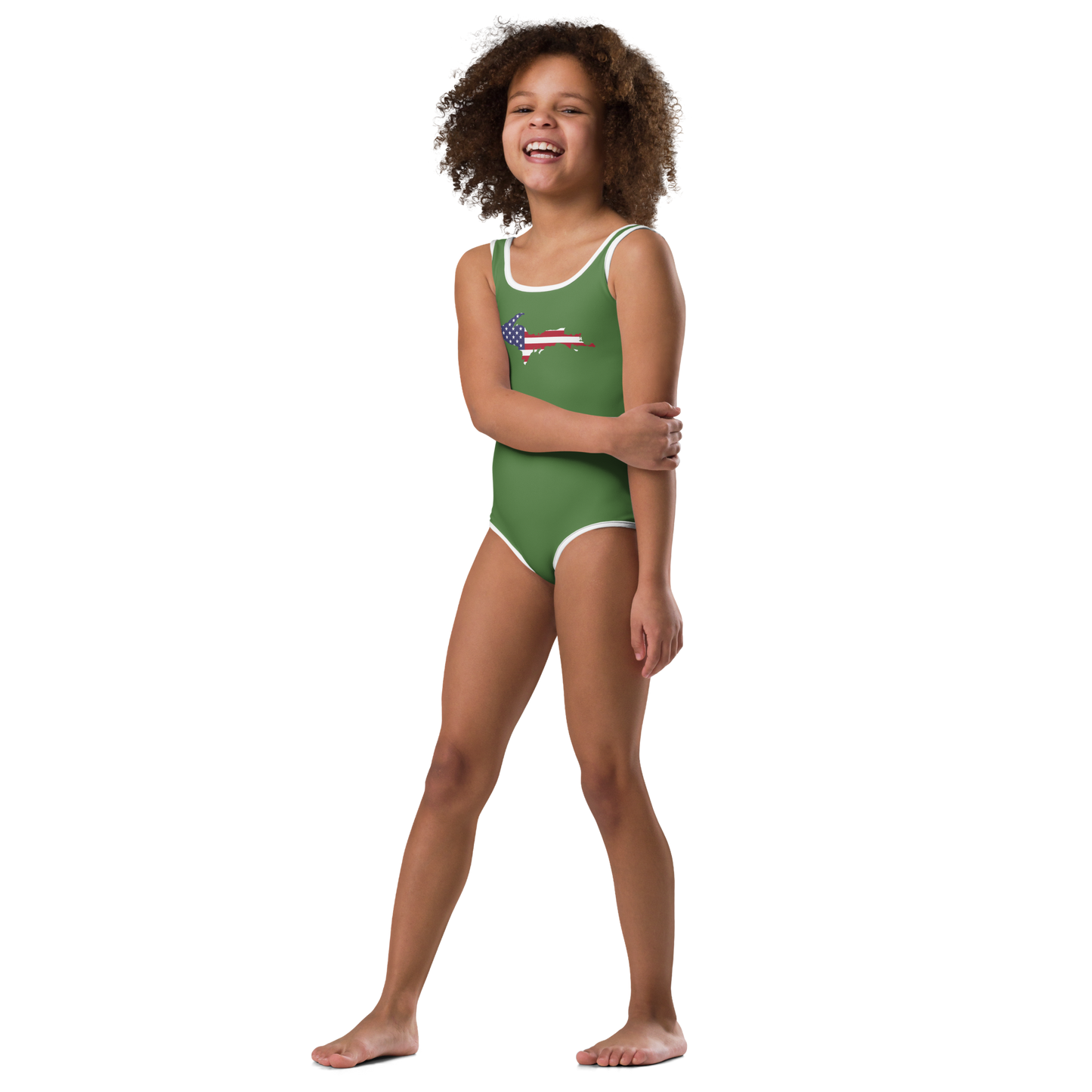 Michigan Upper Peninsula Toddler Swimsuit (w/ UP USA Flag) | Pine Green