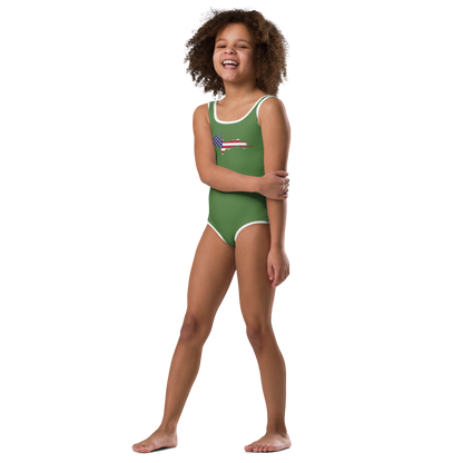 Michigan Upper Peninsula Toddler Swimsuit (w/ UP USA Flag) | Pine Green