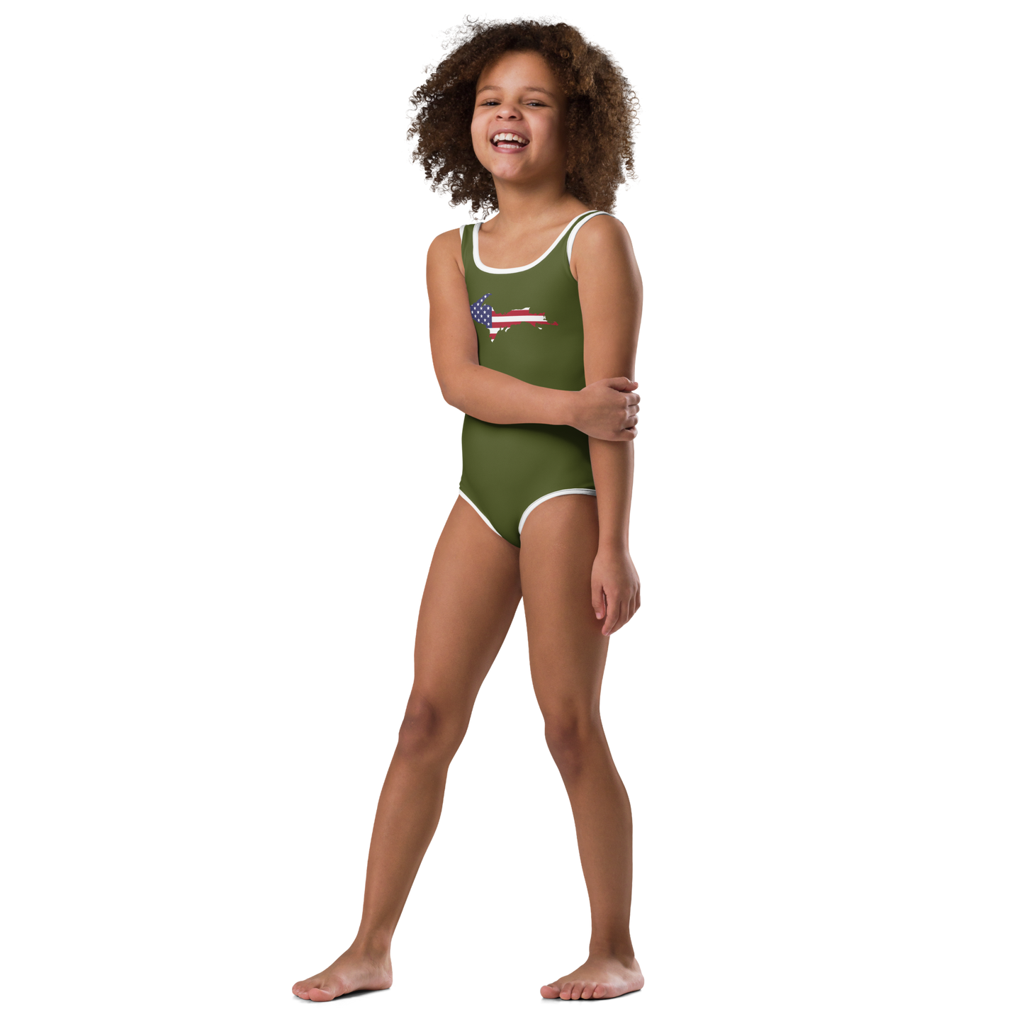 Michigan Upper Peninsula Toddler Swimsuit (w/ UP USA Flag) | Army Green