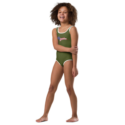 Michigan Upper Peninsula Toddler Swimsuit (w/ UP USA Flag) | Army Green