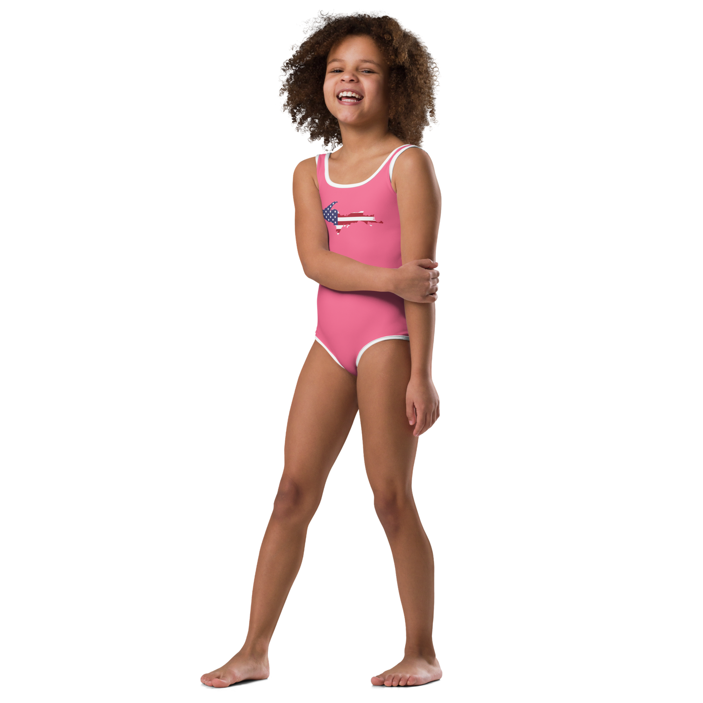 Michigan Upper Peninsula Toddler Swimsuit (w/ UP USA Flag) | Rhodochrosite Pink