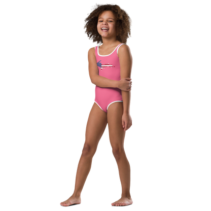 Michigan Upper Peninsula Toddler Swimsuit (w/ UP USA Flag) | Rhodochrosite Pink