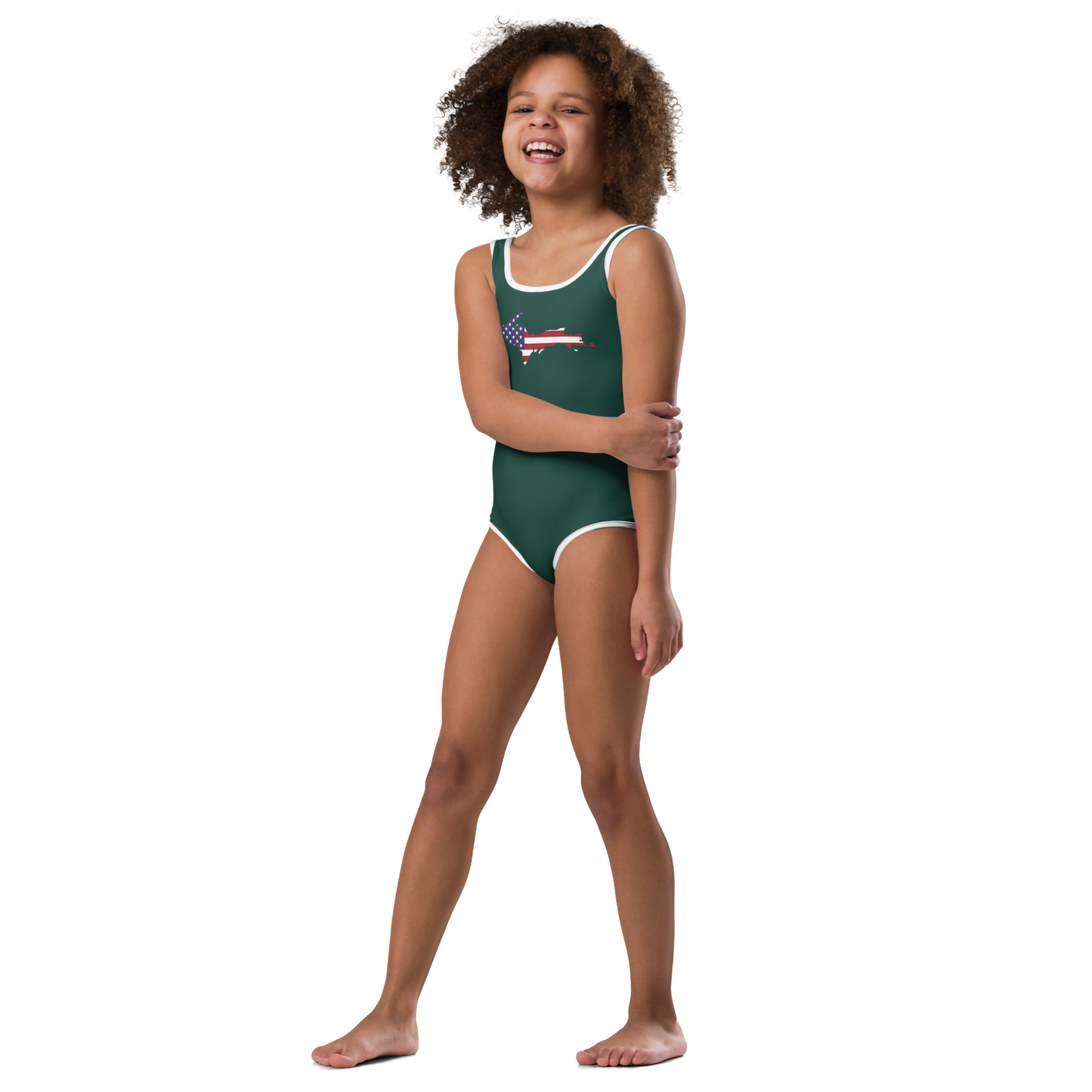 Michigan Upper Peninsula Toddler Swimsuit (w/ UP USA Flag) | Laconic Green