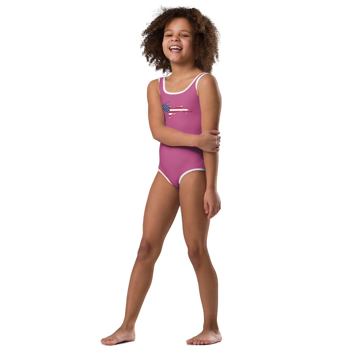 Michigan Upper Peninsula Toddler Swimsuit (w/ UP USA Flag) | Apple Blossom Pink