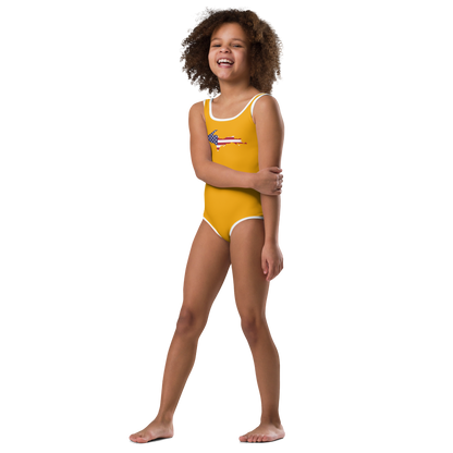 Michigan Upper Peninsula Toddler Swimsuit (w/ UP USA Flag) | Birch Leaf Orange