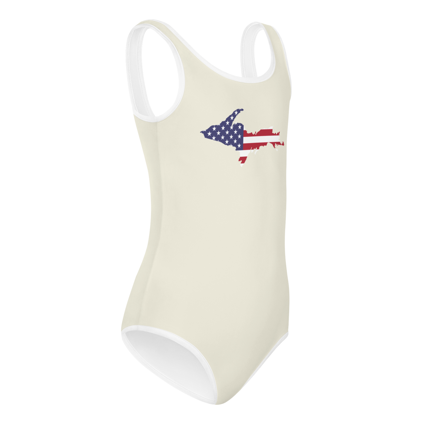 Michigan Upper Peninsula Toddler Swimsuit (w/ UP USA Flag) | Ivory White