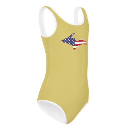 Michigan Upper Peninsula Toddler Swimsuit (w/ UP USA Flag) | Plum Yellow