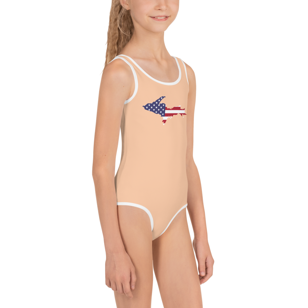 Michigan Upper Peninsula Toddler Swimsuit (w/ UP USA Flag) | Peach