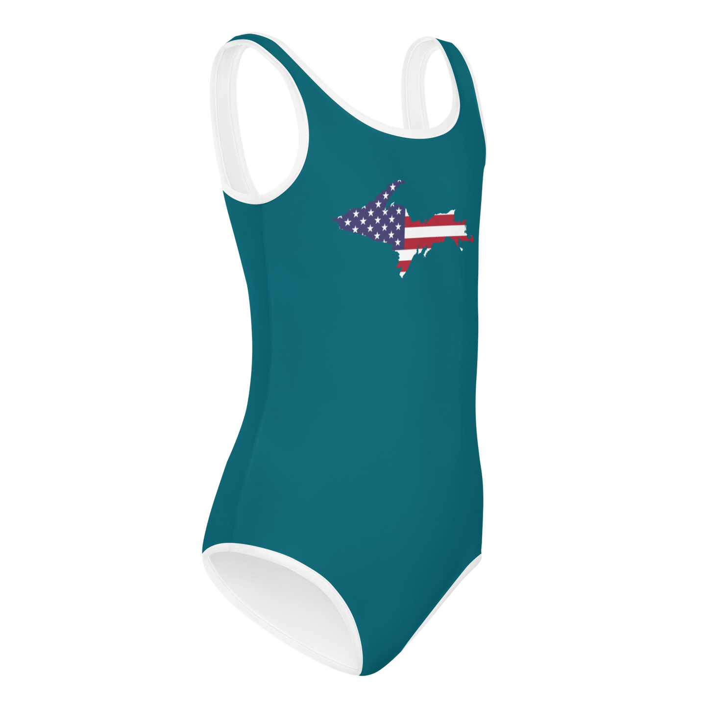 Michigan Upper Peninsula Toddler Swimsuit (w/ UP USA Flag) | Auburn Hills Teal