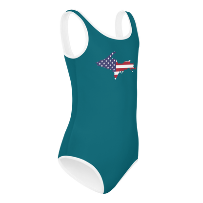 Michigan Upper Peninsula Toddler Swimsuit (w/ UP USA Flag) | Auburn Hills Teal