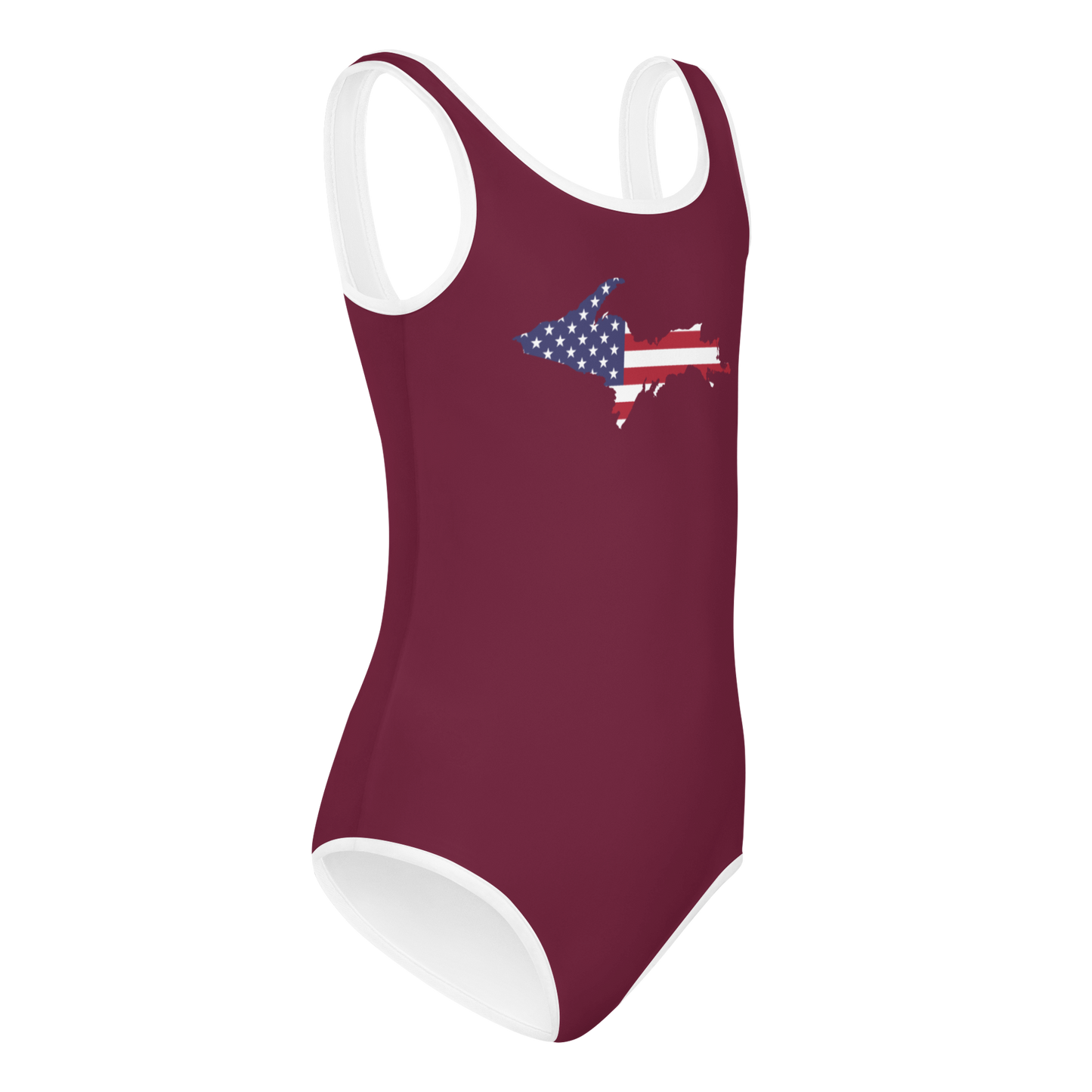 Michigan Upper Peninsula Toddler Swimsuit (w/ UP USA Flag) | Old Mission Burgundy