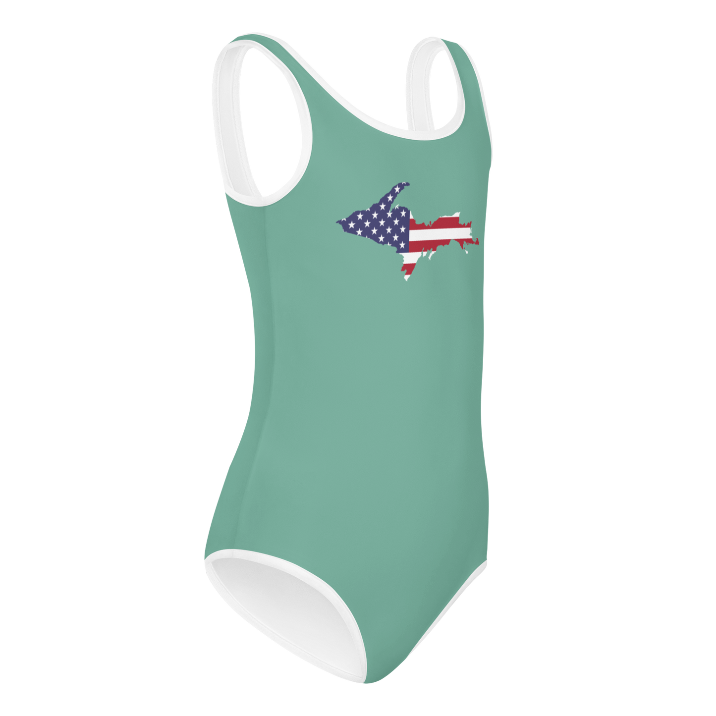 Michigan Upper Peninsula Toddler Swimsuit (w/ UP USA Flag) | Metallic Mint Green