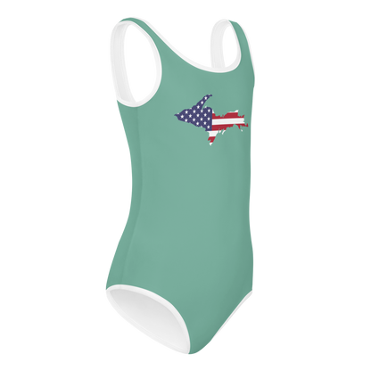 Michigan Upper Peninsula Toddler Swimsuit (w/ UP USA Flag) | Metallic Mint Green