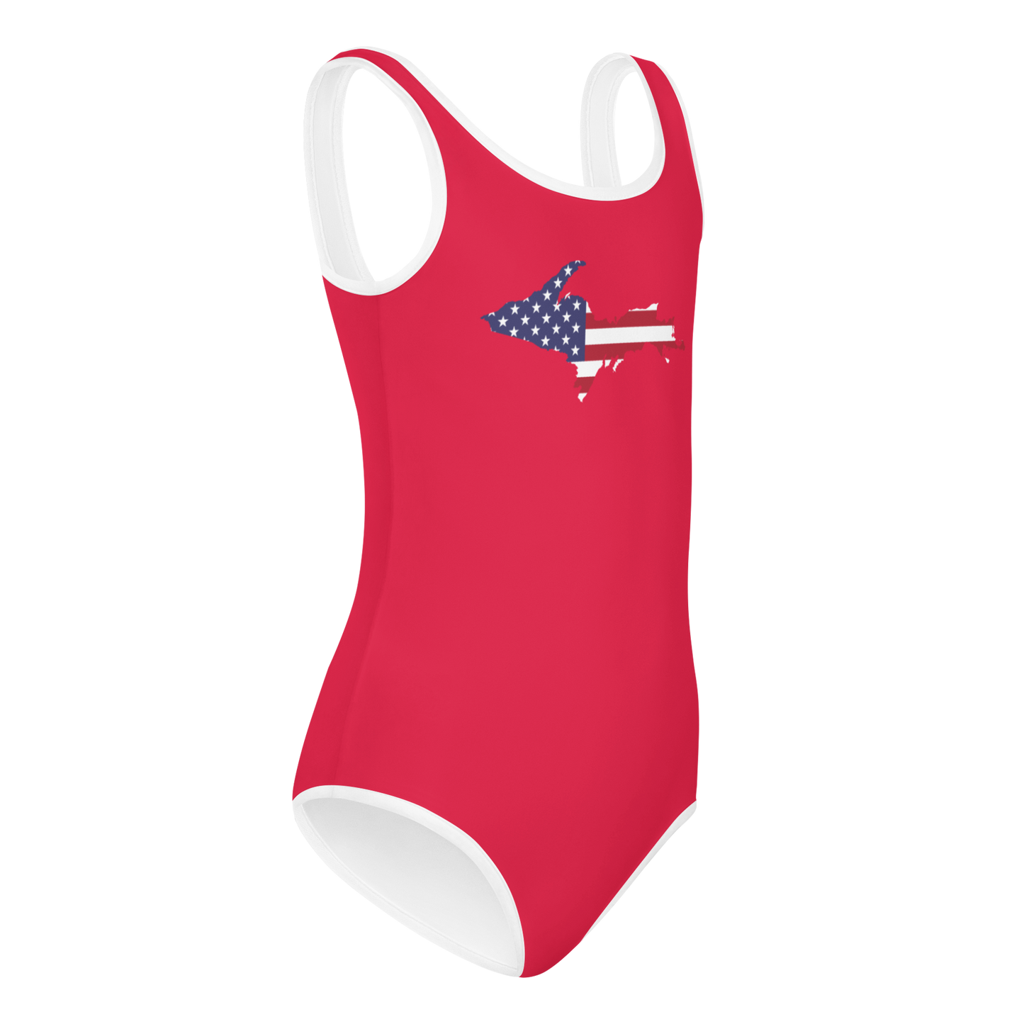 Michigan Upper Peninsula Toddler Swimsuit (w/ UP USA Flag) | Lighthouse Red