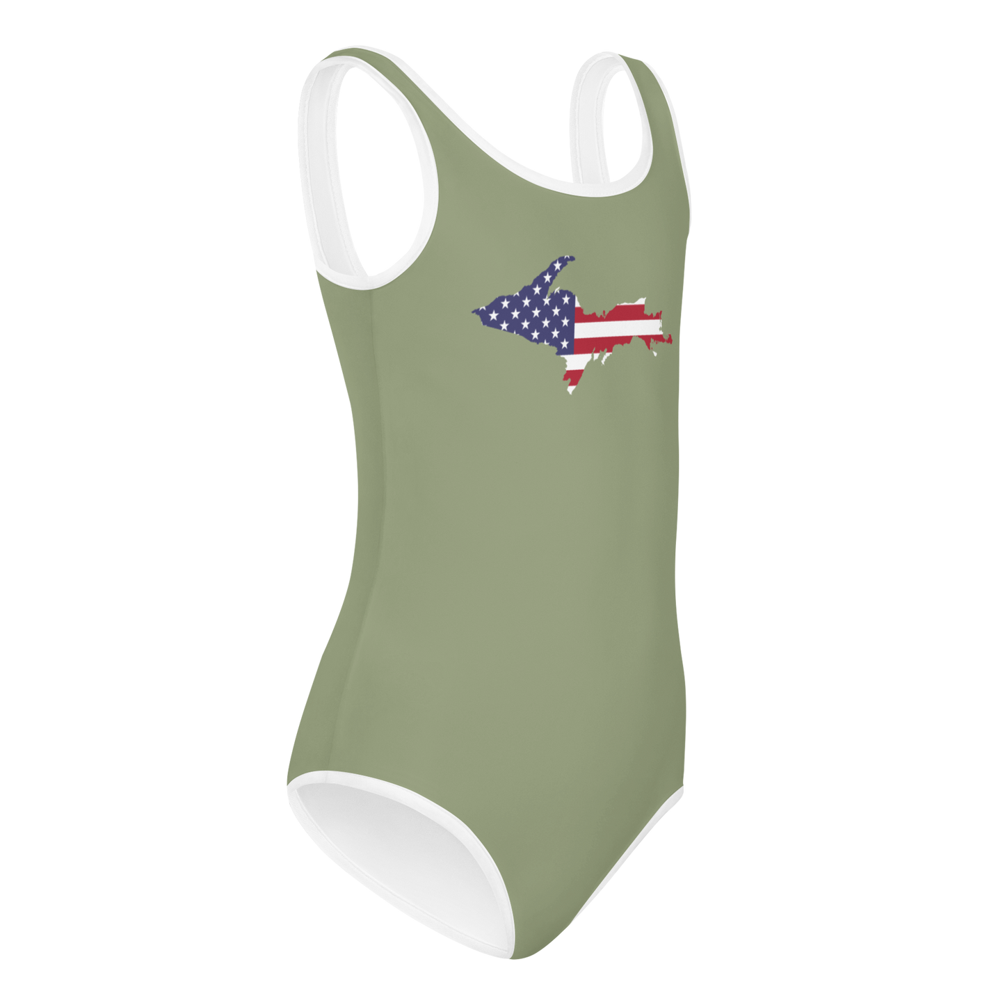 Michigan Upper Peninsula Toddler Swimsuit (w/ UP USA Flag) | Beachgrass Green