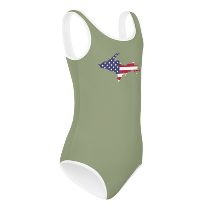 Michigan Upper Peninsula Toddler Swimsuit (w/ UP USA Flag) | Beachgrass Green