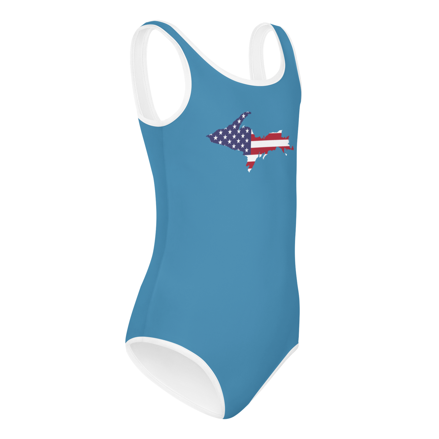 Michigan Upper Peninsula Toddler Swimsuit (w/ UP USA Flag) | Lake Michigan Blue