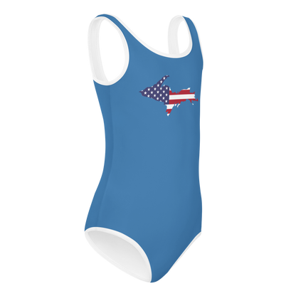 Michigan Upper Peninsula Toddler Swimsuit (w/ UP USA Flag) | Lake Superior Blue