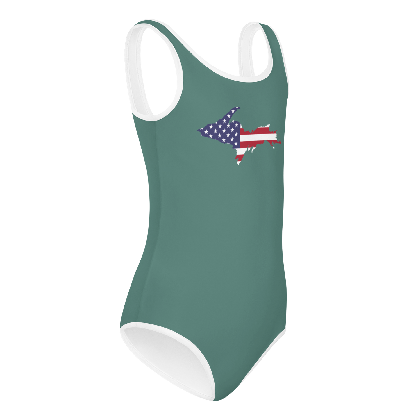 Michigan Upper Peninsula Toddler Swimsuit (w/ UP USA Flag) | Copper Green