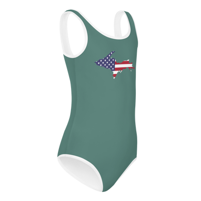 Michigan Upper Peninsula Toddler Swimsuit (w/ UP USA Flag) | Copper Green