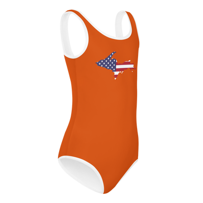 Michigan Upper Peninsula Toddler Swimsuit (w/ UP USA Flag) | Maple Leaf Orange