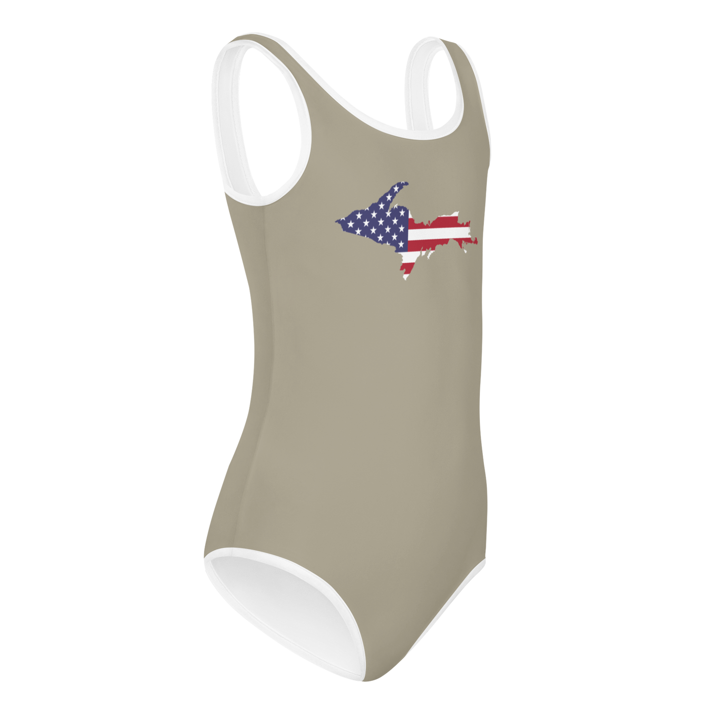 Michigan Upper Peninsula Toddler Swimsuit (w/ UP USA Flag) | Petoskey Stone Beige