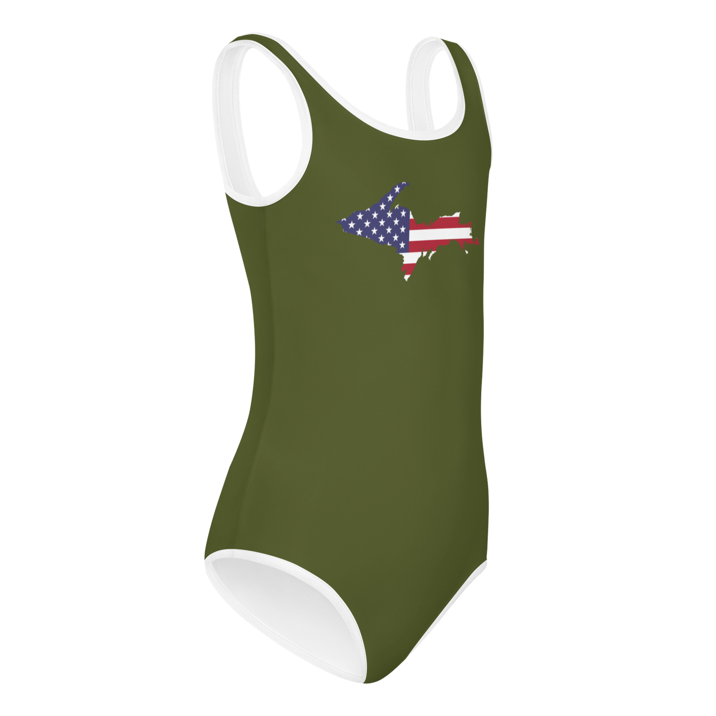 Michigan Upper Peninsula Toddler Swimsuit (w/ UP USA Flag) | Army Green