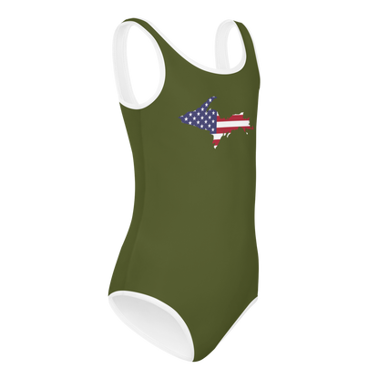 Michigan Upper Peninsula Toddler Swimsuit (w/ UP USA Flag) | Army Green