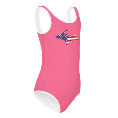 Michigan Upper Peninsula Toddler Swimsuit (w/ UP USA Flag) | Rhodochrosite Pink