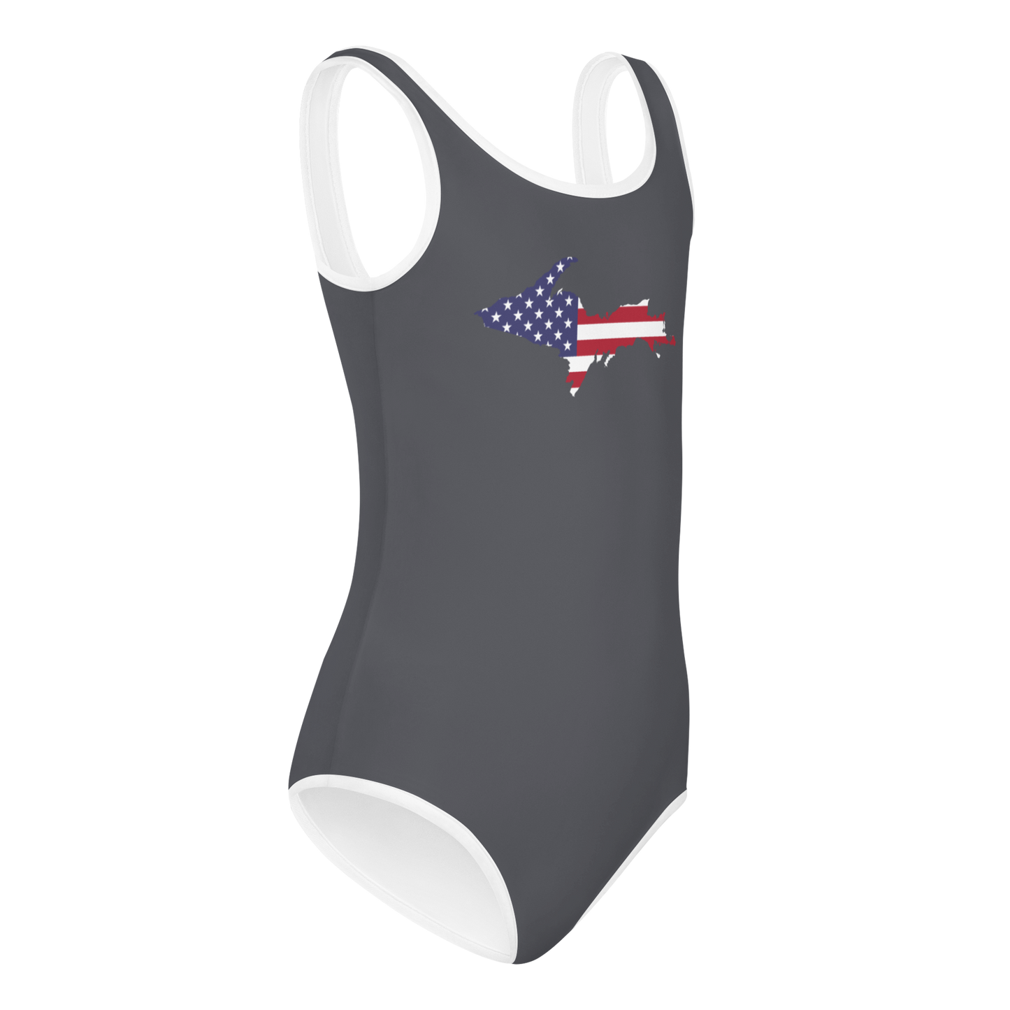 Michigan Upper Peninsula Toddler Swimsuit (w/ UP USA Flag) | Iron Ore Grey