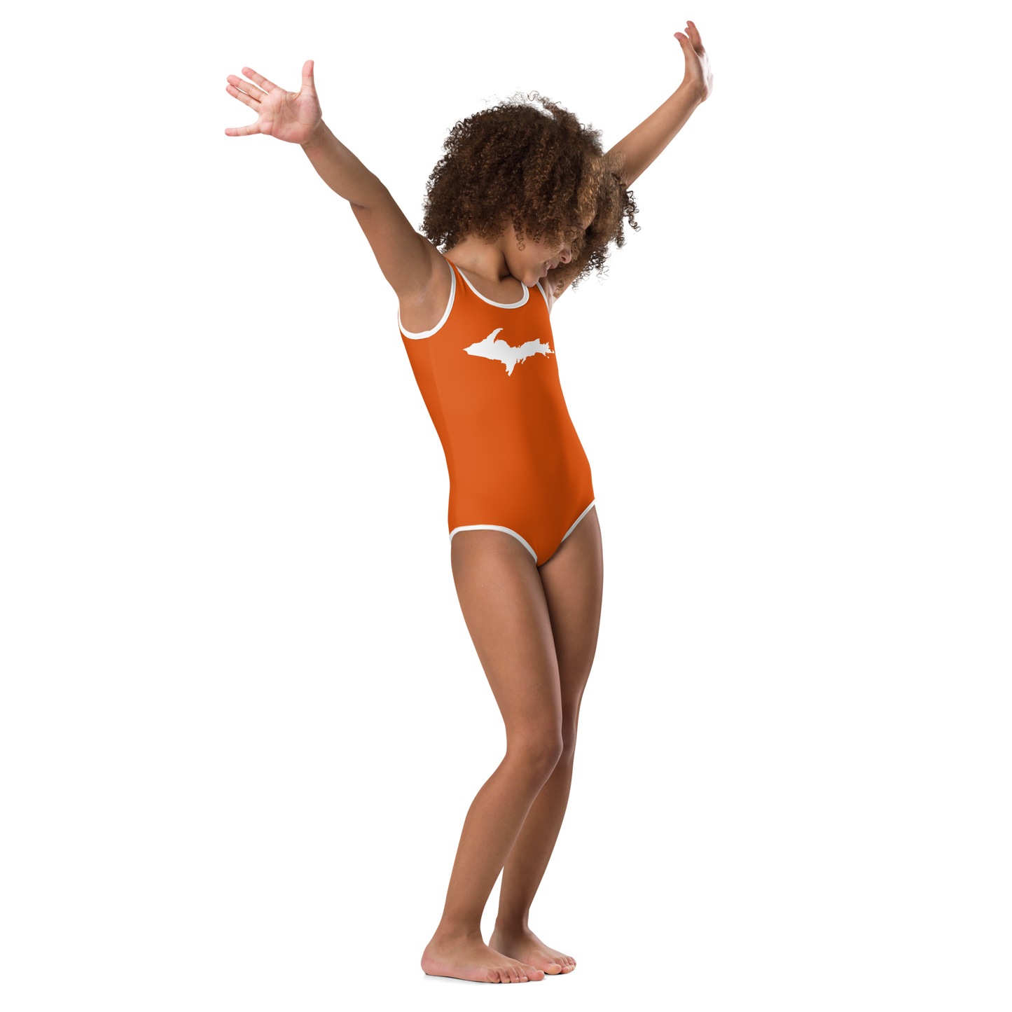 Michigan Upper Peninsula Toddler Swimsuit (w/ UP Outline) | Maple Leaf Orange