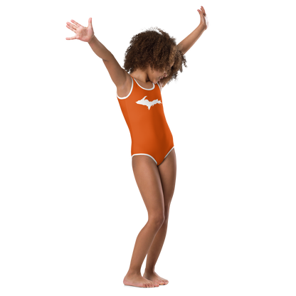 Michigan Upper Peninsula Toddler Swimsuit (w/ UP Outline) | Maple Leaf Orange