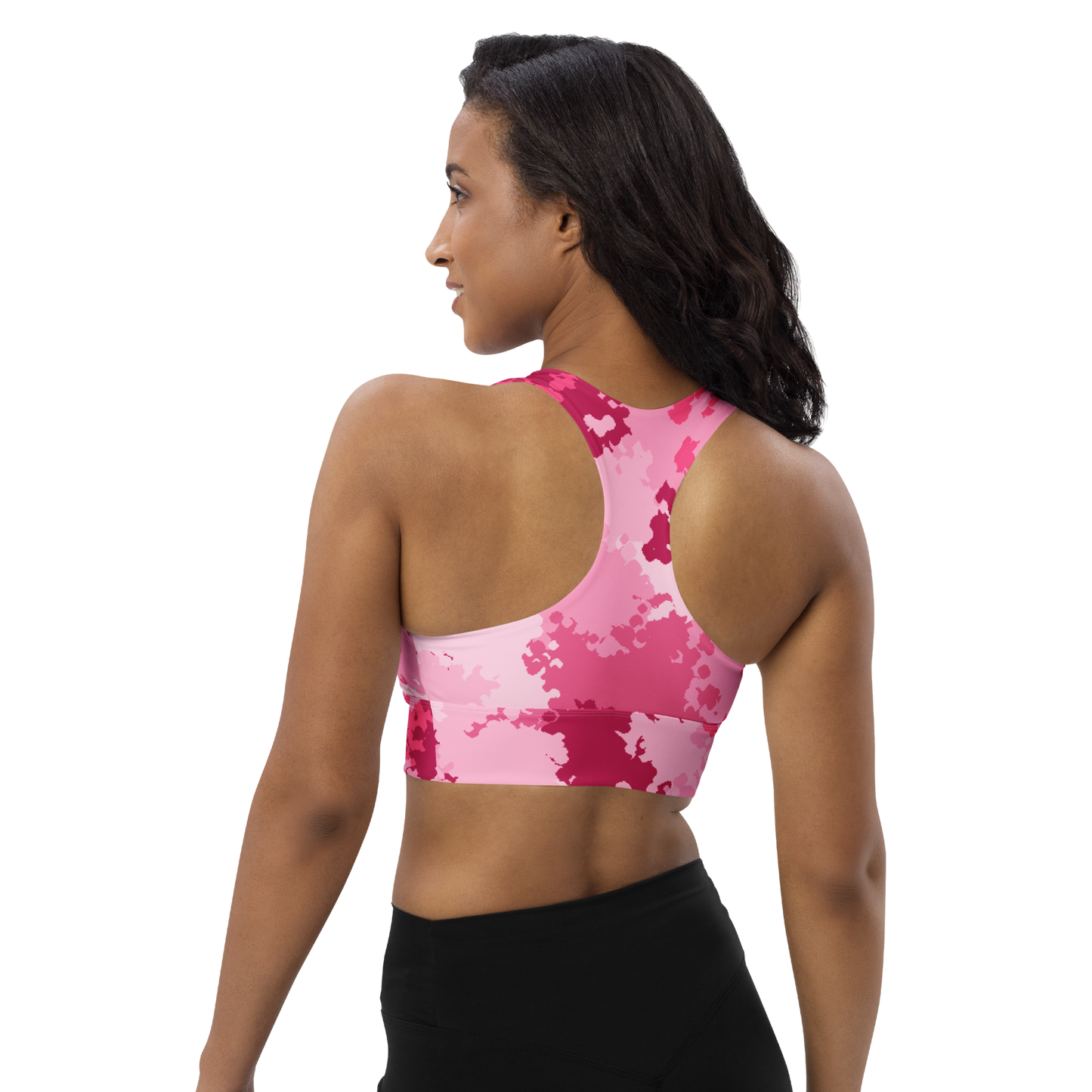 Michigan Upper Peninsula Longline Sports Bra (w/ UP USA Flag) | Pink Camo