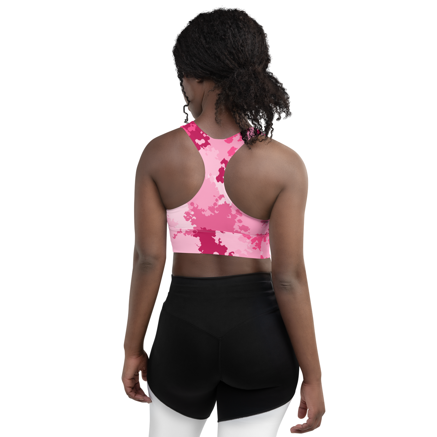 Michigan Upper Peninsula Longline Sports Bra (w/ UP USA Flag) | Pink Camo