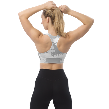 Michigan Upper Peninsula Longline Sports Bra (w/ UP USA Flag) | Snow Camo