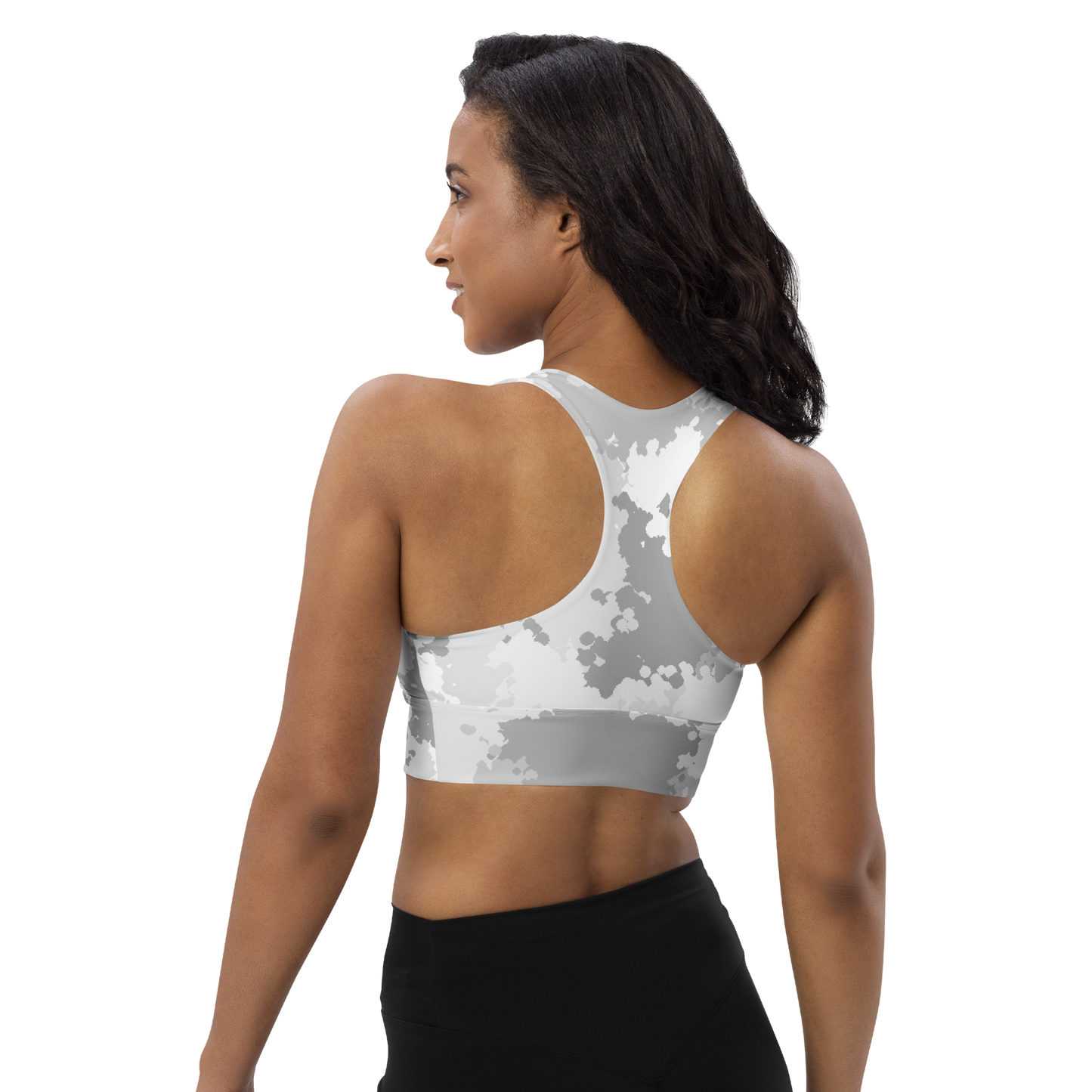 Michigan Upper Peninsula Longline Sports Bra (w/ UP USA Flag) | Snow Camo