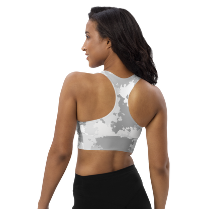 Michigan Upper Peninsula Longline Sports Bra (w/ UP USA Flag) | Snow Camo