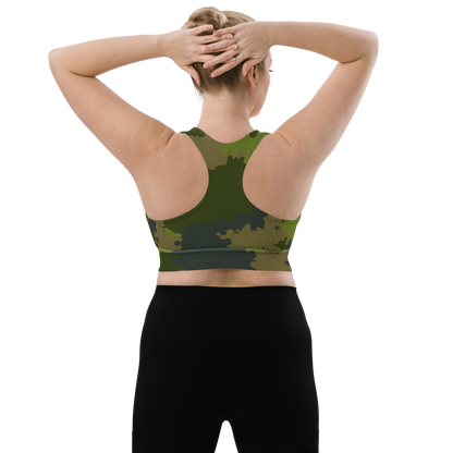 Michigan Upper Peninsula Longline Sports Bra (w/ UP USA Flag) | Camouflage Green