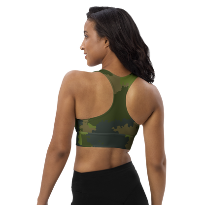 Michigan Upper Peninsula Longline Sports Bra (w/ UP USA Flag) | Camouflage Green