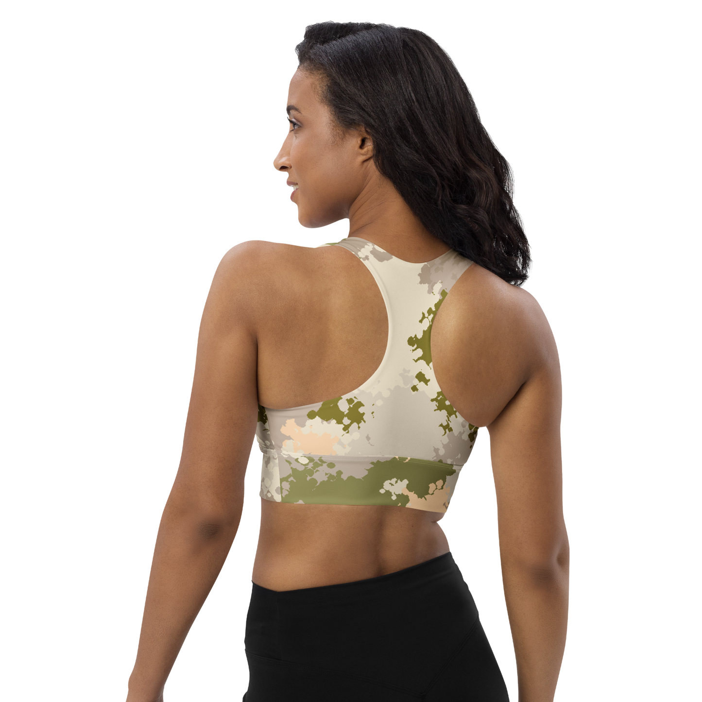 Michigan Upper Peninsula Longline Sports Bra (w/ UP USA Flag) | Rosy Mound Camo