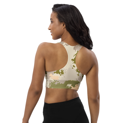 Michigan Upper Peninsula Longline Sports Bra (w/ UP USA Flag) | Rosy Mound Camo