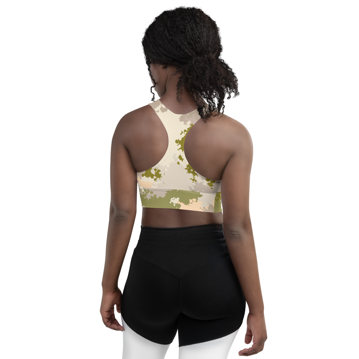 Michigan Upper Peninsula Longline Sports Bra (w/ UP USA Flag) | Rosy Mound Camo