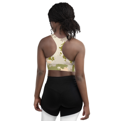 Michigan Upper Peninsula Longline Sports Bra (w/ UP USA Flag) | Rosy Mound Camo